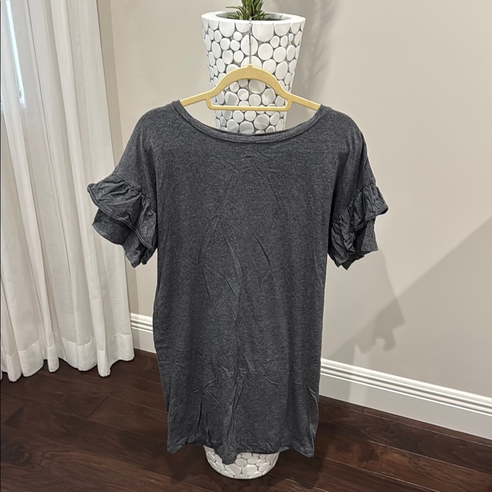 Women's Short Sleeve Ruffle Tee Shirt Dress - Charcoal Gray